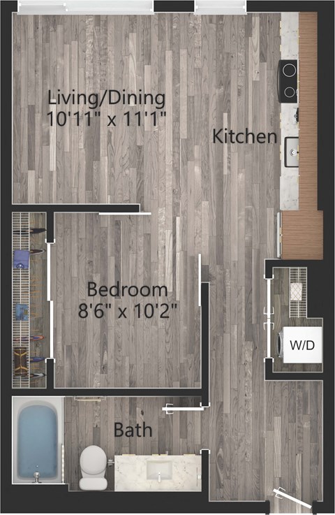 Floor plan for 1 bed, 1 bath, 557 sqft